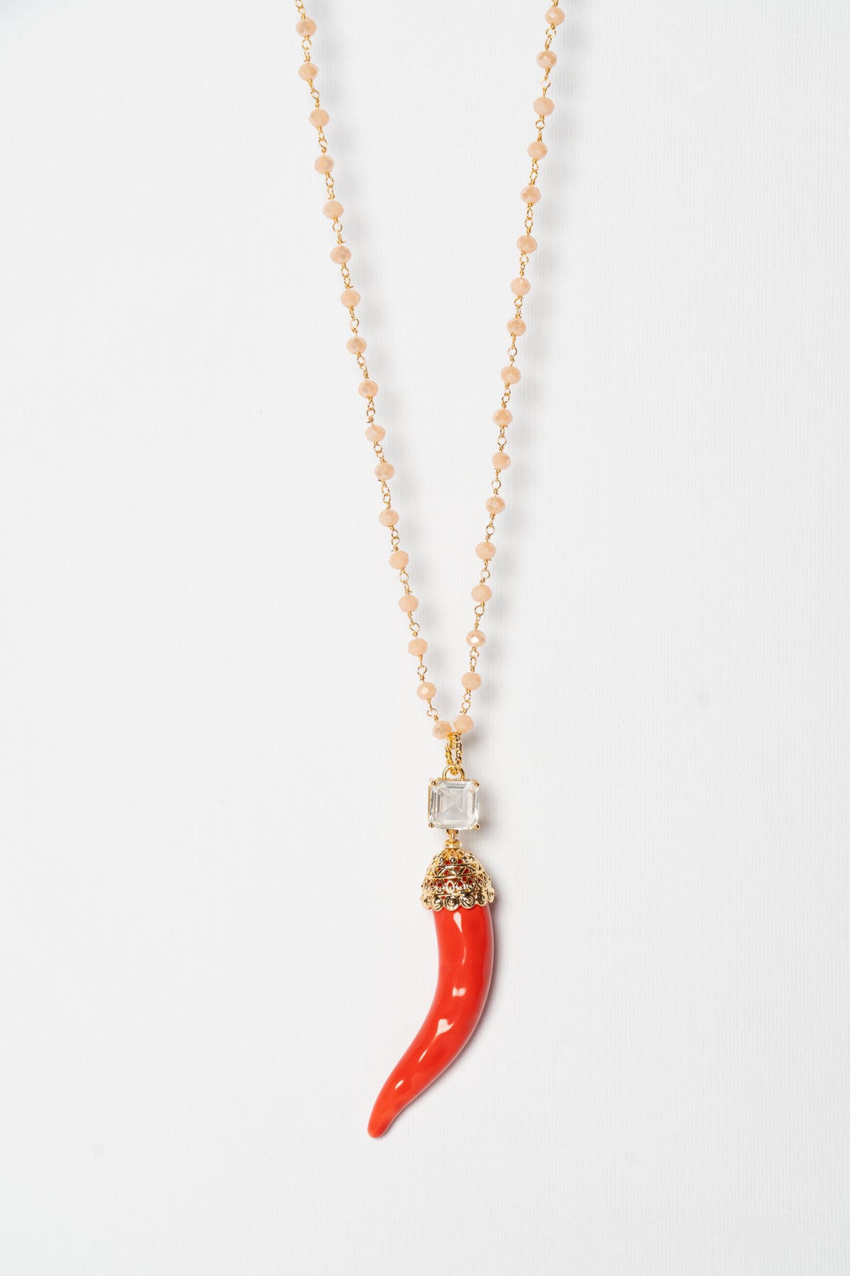 SICYLUI - COLLANA CORNO IN CERAMICA ROSSO CON CRISTALLO CENTRALE BIANCO