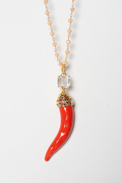 SICYLUI - COLLANA CORNO IN CERAMICA ROSSO CON CRISTALLO CENTRALE BIANCO