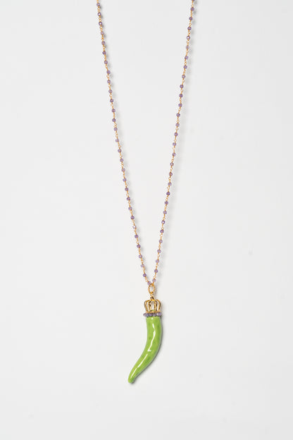 SICYLUI - COLLANA CORNO IN CERAMICA VERDE CON CORONA E CORALLINI VIOLA