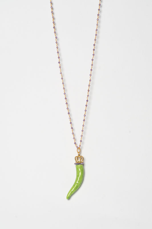 SICYLUI - COLLANA CORNO IN CERAMICA VERDE CON CORONA E CORALLINI VIOLA