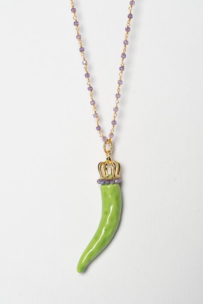 SICYLUI - COLLANA CORNO IN CERAMICA VERDE CON CORONA E CORALLINI VIOLA