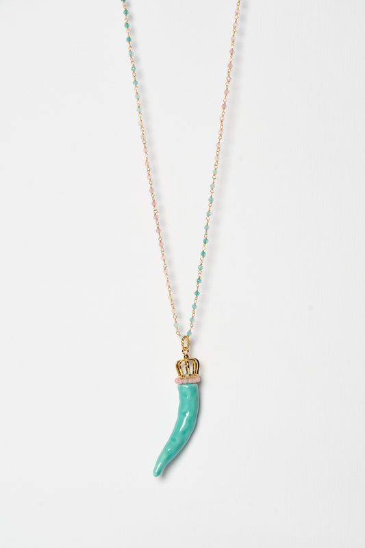 SICYLUI - COLLANA CORNO IN CERAMICA TIFFANY CON CORONA E CORALLINI SFUMATI