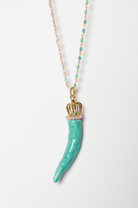 SICYLUI - COLLANA CORNO IN CERAMICA TIFFANY CON CORONA E CORALLINI SFUMATI