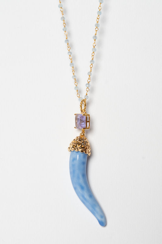 SICYLUI - COLLANA CORNO IN CERAMICA LILLA CON CRISTALLO CENTRALE LILLA
