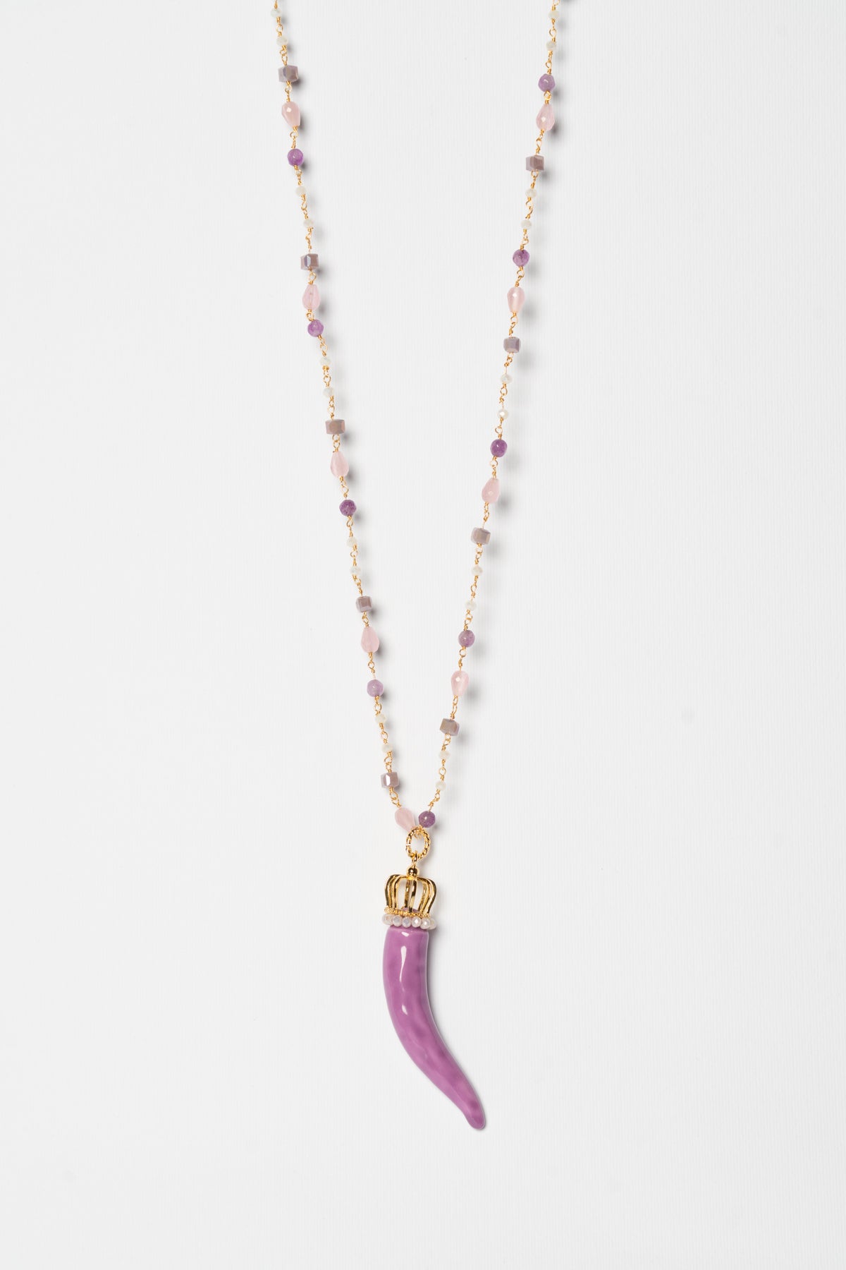 SICYLUI - COLLANA CORNO IN CERAMICA GLICINE CON CORONA E CORALLINI LILLA