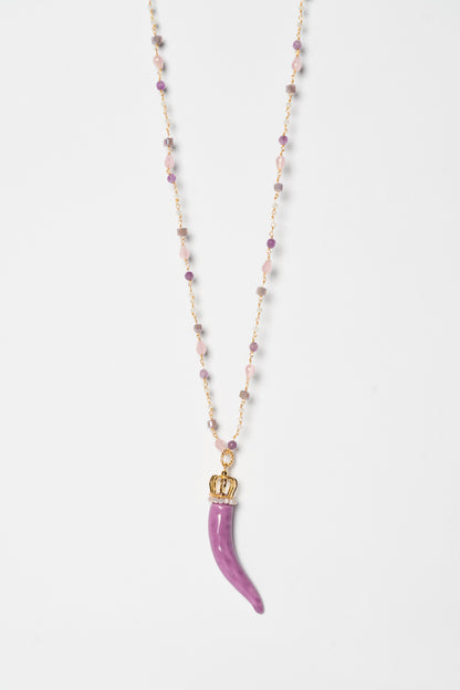 SICYLUI - COLLANA CORNO IN CERAMICA GLICINE CON CORONA E CORALLINI LILLA