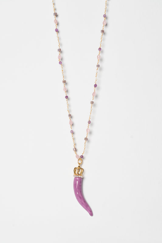 SICYLUI - COLLANA CORNO IN CERAMICA GLICINE CON CORONA E CORALLINI LILLA