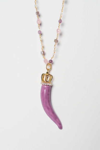 SICYLUI - COLLANA CORNO IN CERAMICA GLICINE CON CORONA E CORALLINI LILLA
