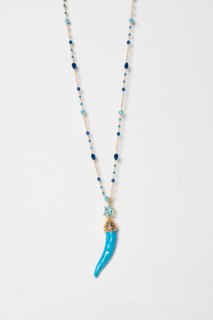 SICYLUI - COLLANA CORNO IN CERAMICA TURCHESE CON CRISTALLO CENTRALE CELESTE