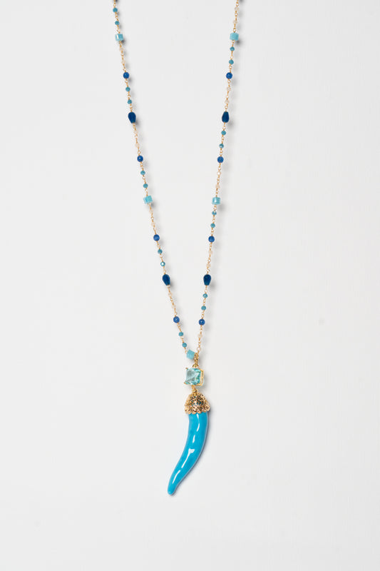 SICYLUI - COLLANA CORNO IN CERAMICA TURCHESE CON CRISTALLO CENTRALE CELESTE