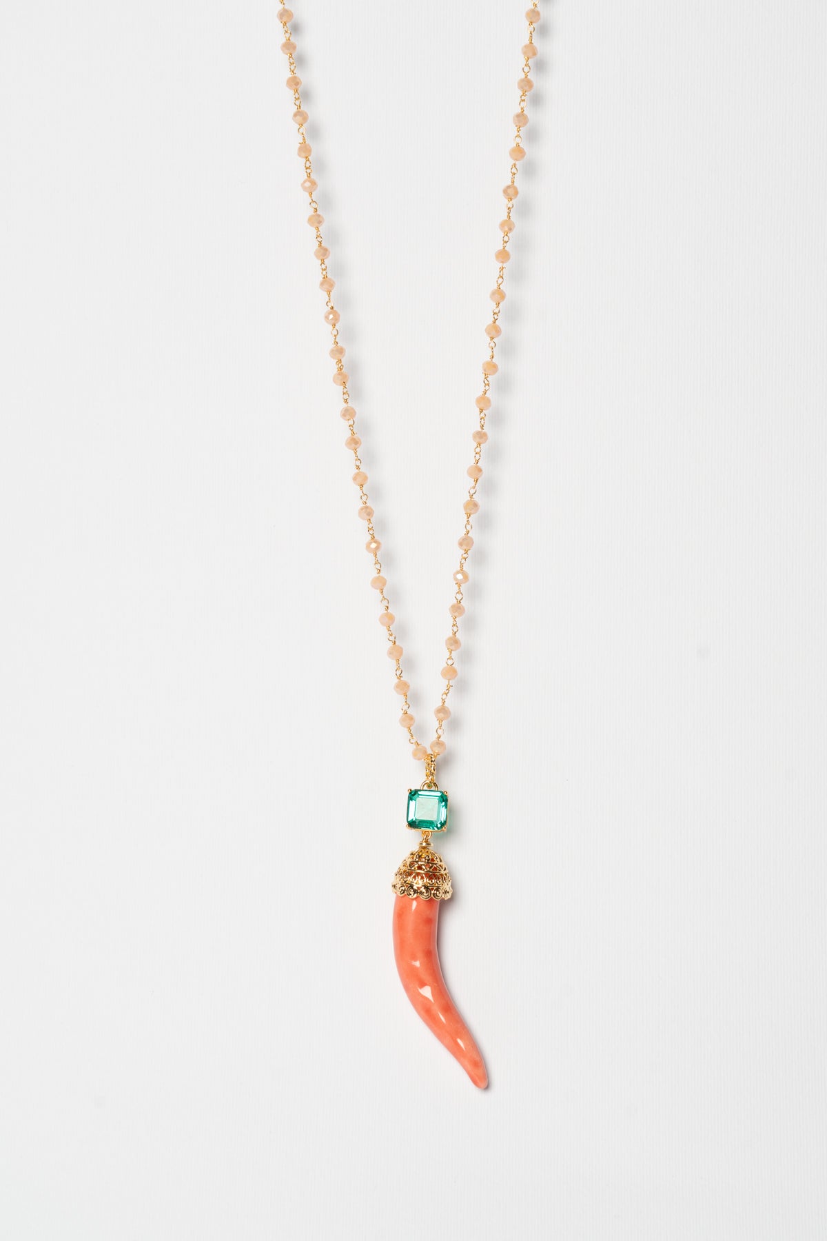SICYLUI - COLLANA CORNO IN CERAMICA SALMONE CON CRISTALLO CENTRALE TIFFANY