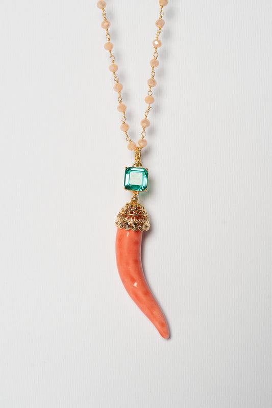 SICYLUI - COLLANA CORNO IN CERAMICA SALMONE CON CRISTALLO CENTRALE TIFFANY