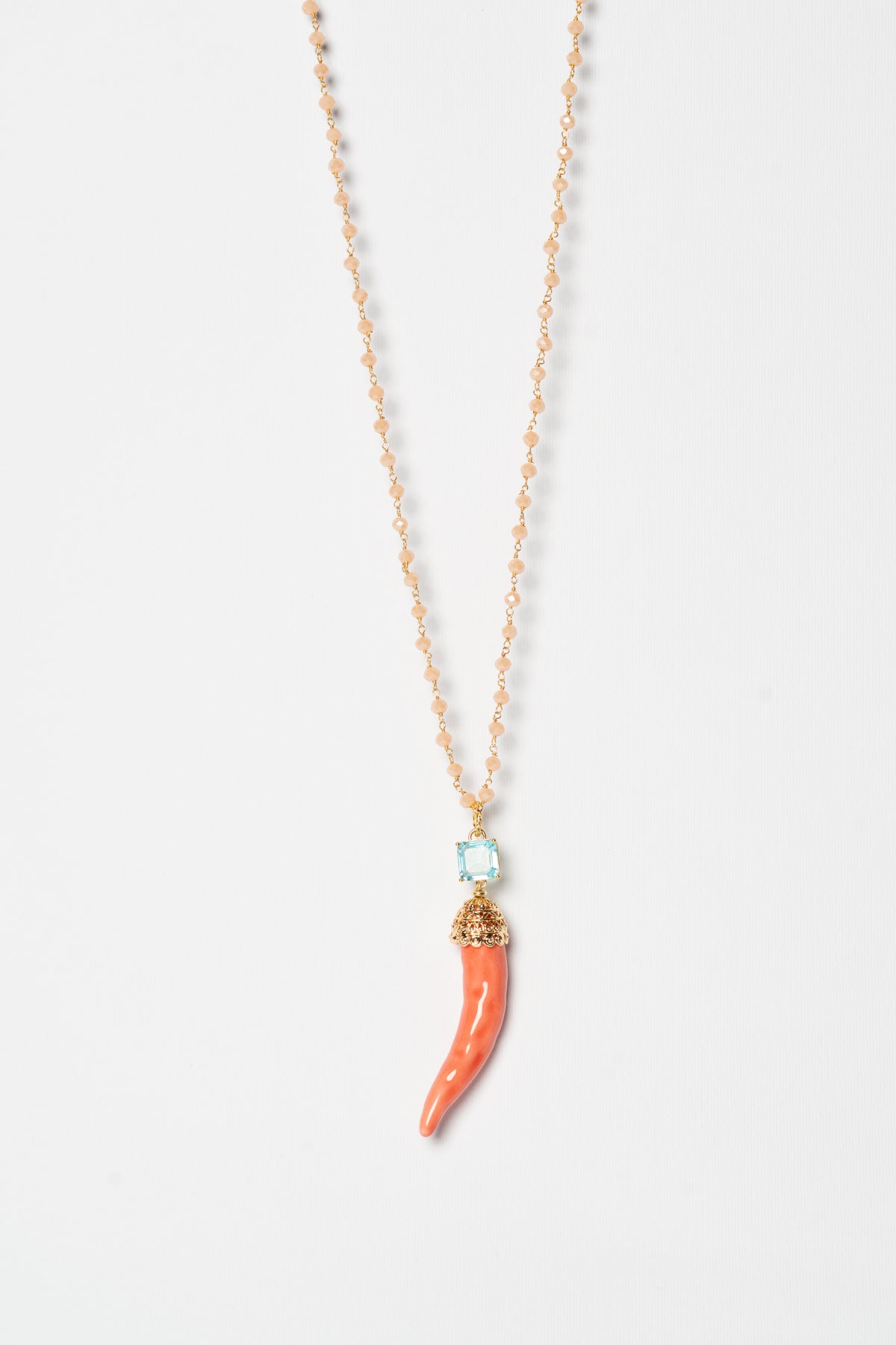 SICYLUI - COLLANA CORNO IN CERAMICA SALMONE CON CRISTALLO CENTRALE CELESTE