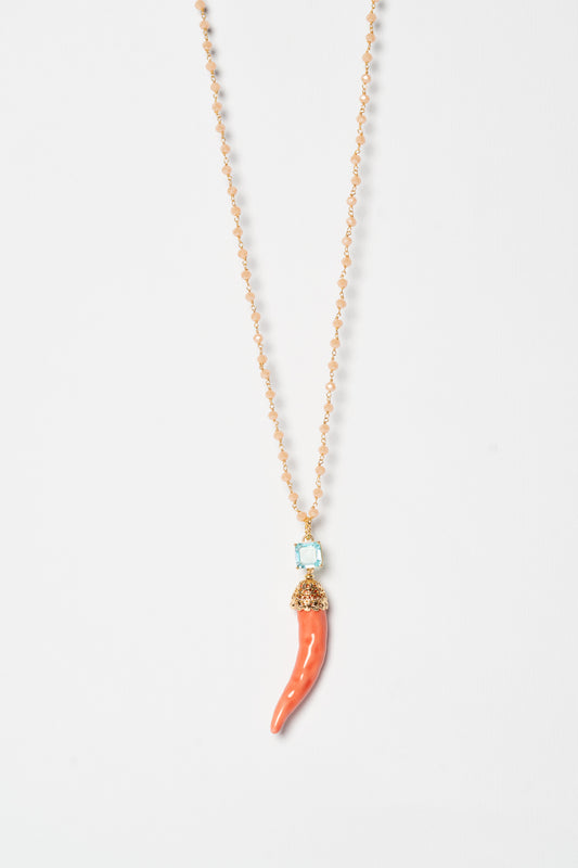 SICYLUI - COLLANA CORNO IN CERAMICA SALMONE CON CRISTALLO CENTRALE CELESTE
