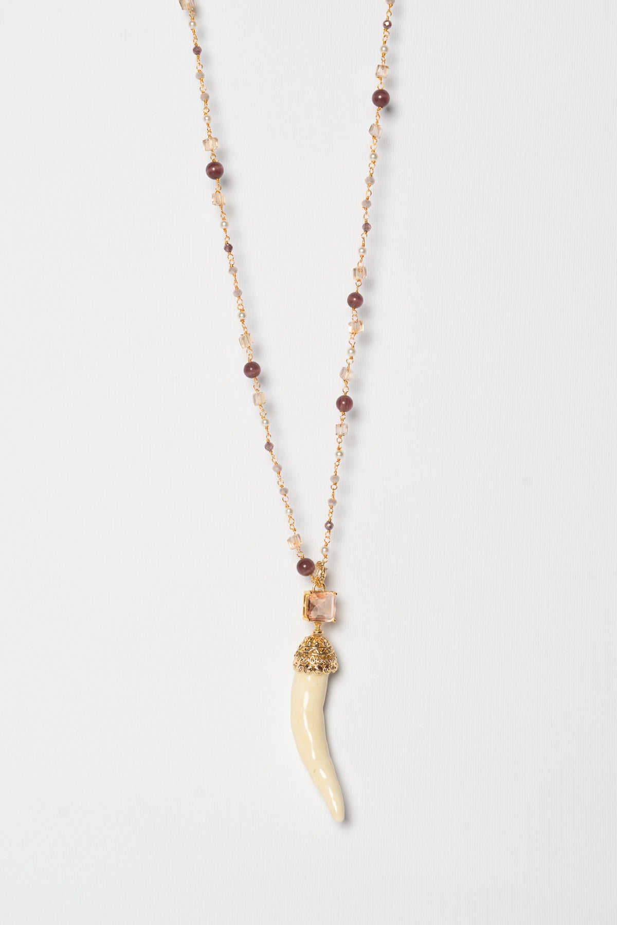 SICYLUI - BUTTER CERAMIC HORN NECKLACE WITH CENTRAL AMBER CRYSTAL