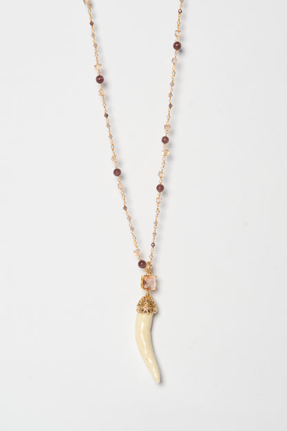 SICYLUI - BUTTER CERAMIC HORN NECKLACE WITH CENTRAL AMBER CRYSTAL