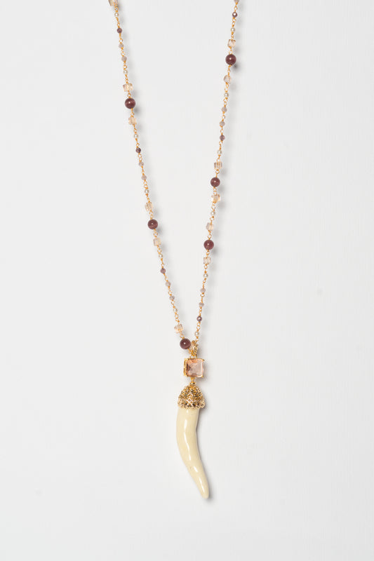 SICYLUI - COLLANA CORNO IN CERAMICA BURRO CON CRISTALLO CENTRALE AMBRA