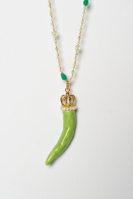 SICYLUI - COLLANA CORNO IN CERAMICA VERDE CON CORONA E CORALLINI VERDI E BEIGE