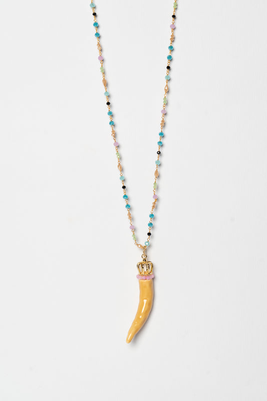 SICYLUI - COLLANA CORNO IN CERAMICA AMBRA CON CORONA E CORALLINI MULTICOLOR