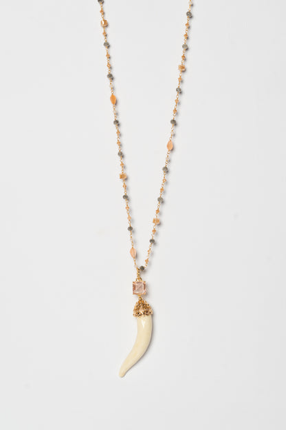 SICYLUI - BUTTER CERAMIC HORN NECKLACE WITH CENTRAL AMBER CRYSTAL