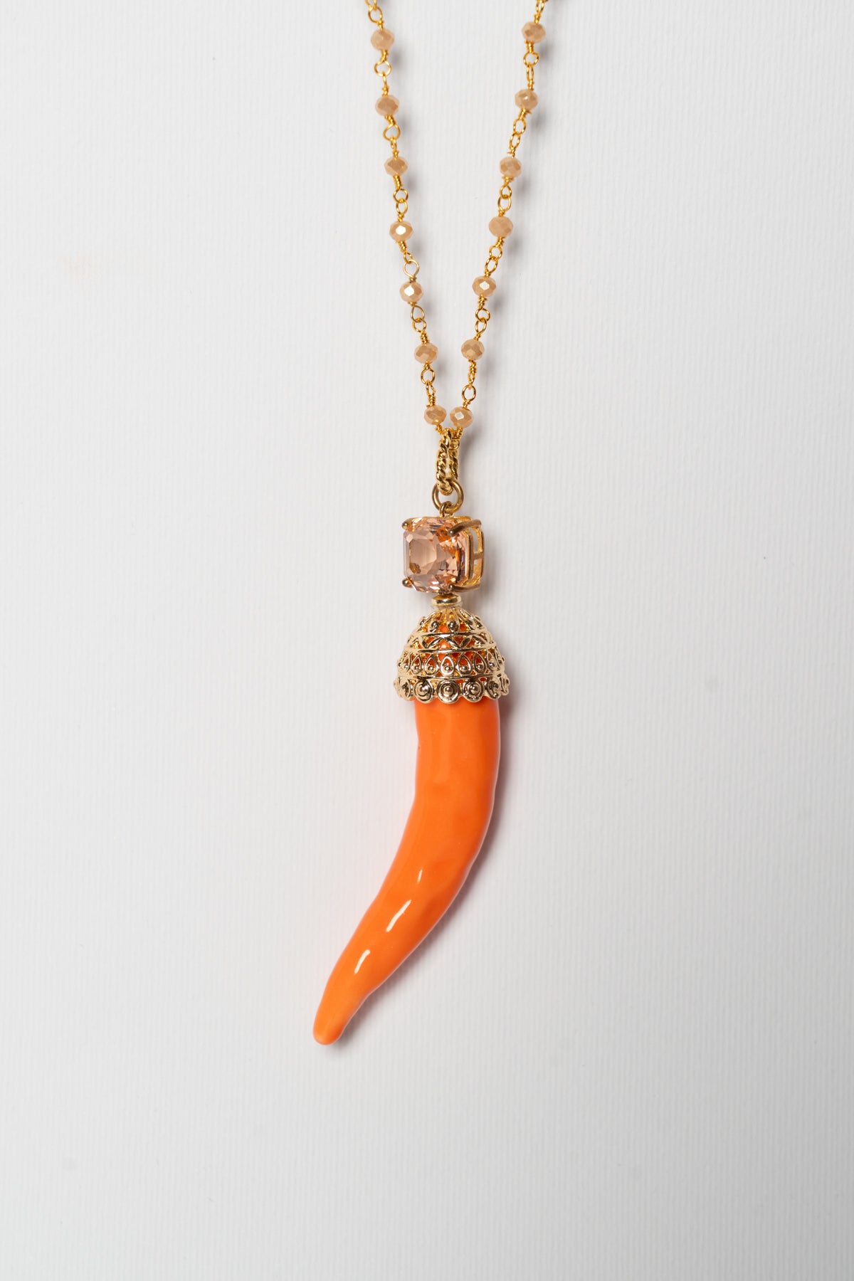 SICYLUI - COLLANA CORNO IN CERAMICA ARANCIO E CRISTALLO AMBRA