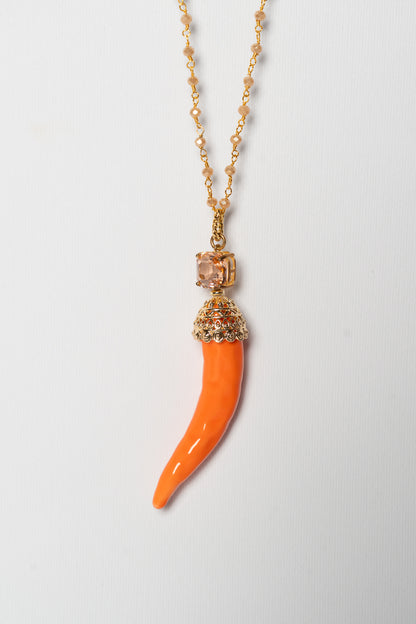 SICYLUI - COLLANA CORNO IN CERAMICA ARANCIO E CRISTALLO AMBRA