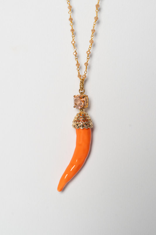 SICYLUI - COLLANA CORNO IN CERAMICA ARANCIO E CRISTALLO AMBRA