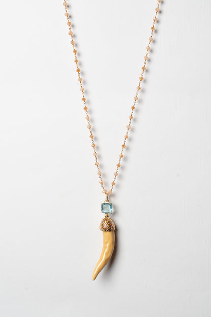 SICYLUI - AMBER CERAMIC HORN AND AQUAMARINE CRYSTAL NECKLACE
