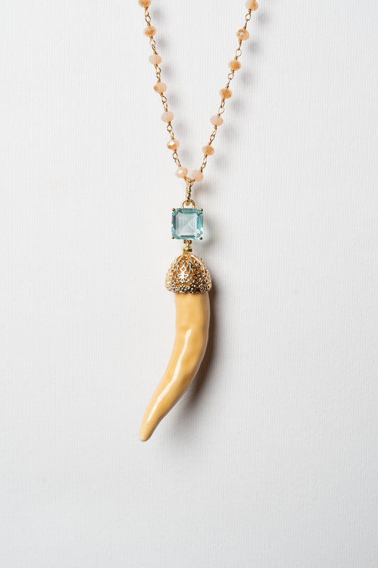 SICYLUI - COLLANA CORNO IN CERAMICA AMBRA E CRISTALLO ACQUAMARINA