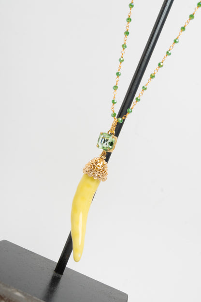 SICYLUI - COLLANA CORNO IN CERAMICA GIALLO E CRISTALLO VERDE