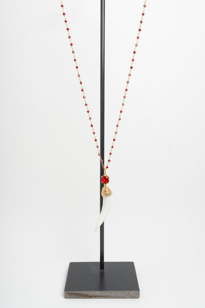 SICYLUI - COLLANA CORNO IN CERAMICA BIANCO E CRISTALLO ROSSO