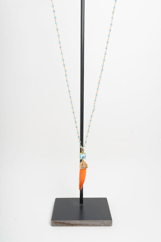 SICYLUI - COLLANA CORNO IN CERAMICA ARANCIO E CRISTALLO AZZURRO