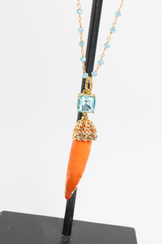 SICYLUI - COLLANA CORNO IN CERAMICA ARANCIO E CRISTALLO AZZURRO