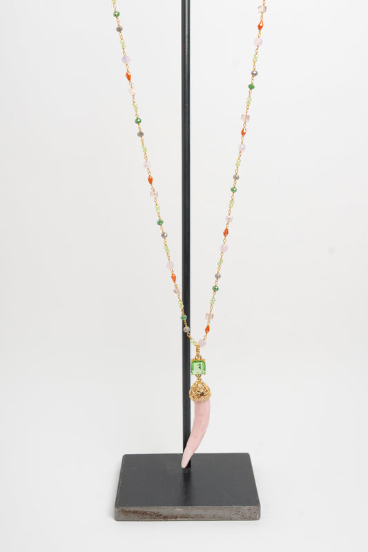 SICYLUI - COLLANA CORNO IN CERAMICA CIPRIA E CRISTALLO VERDE