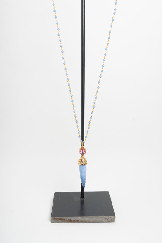 SICYLUI - COLLANA CORNO IN CERAMICA LILLA E CRISTALLO ROSA