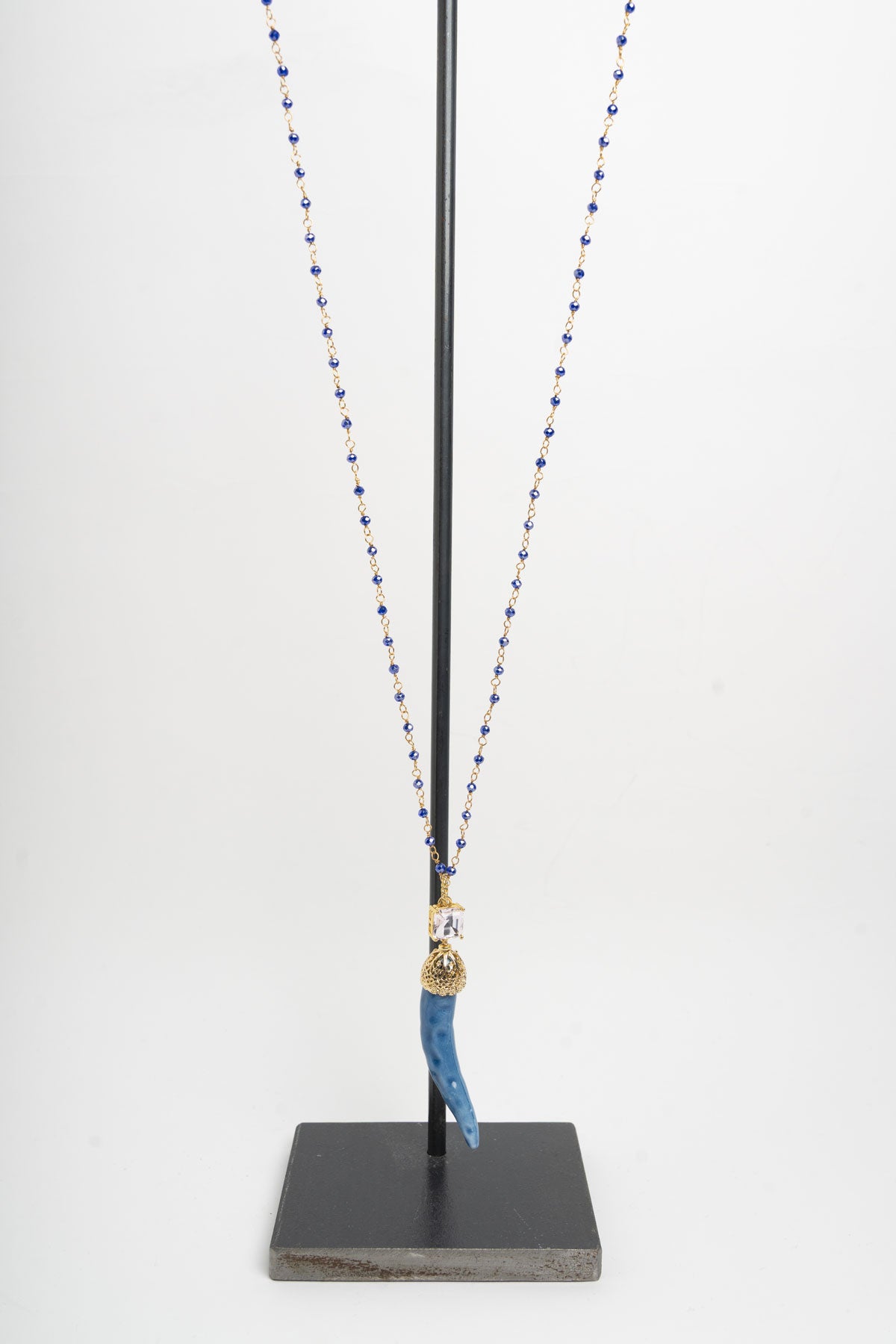 SICYLUI - COLLANA CORNO IN CERAMICA BLUE E CRISTALLO BIANCO