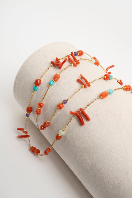 SICYLUI - COLLANA CORALLO GREZZO, TURCHESE E AMETISTA