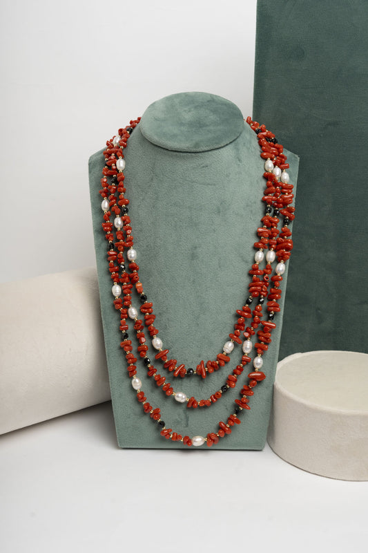 SICYLUI - COLLANA MULTIFILI CORALLO MEDITERRANEO, PERLE E SPINELLI NERI