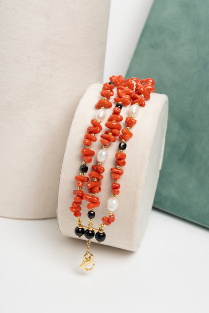 SICYLUI - BRACCIALE MULTIFILI CORALLO, SPINELLI NERI E PERLE