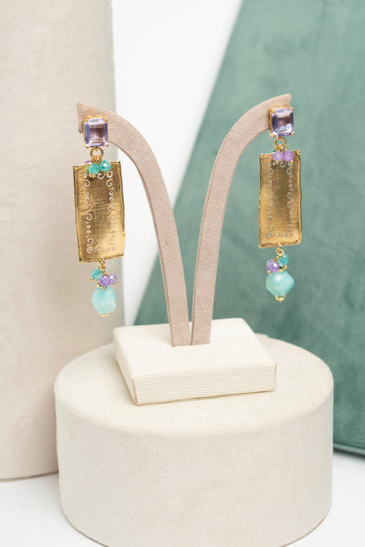 SICYLUI - ORECCHINI PENDENTI IN AMAZZONITE E CRISTALLI LILLA