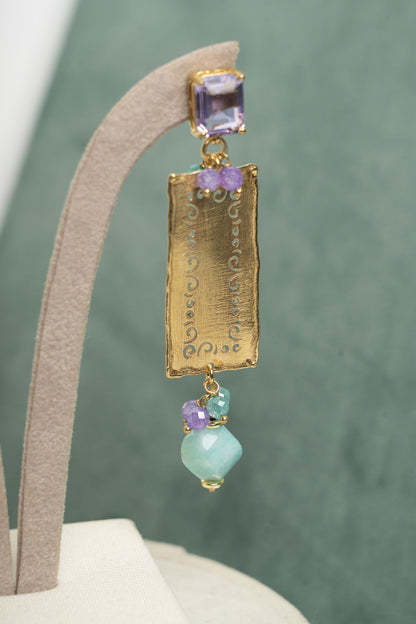 SICYLUI - ORECCHINI PENDENTI IN AMAZZONITE E CRISTALLI LILLA