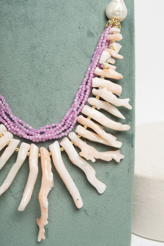 SICYLUI - COLLANA CORALLO ROSA ZIRCONI FUCSIA E GIADA ROSA