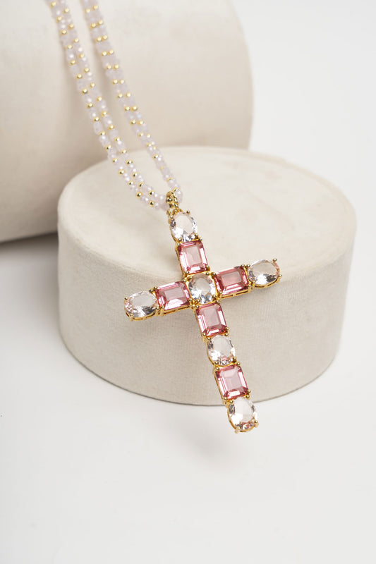 SICYLUI -  COLLANA CROCE CRISTALLI FRAGOLA