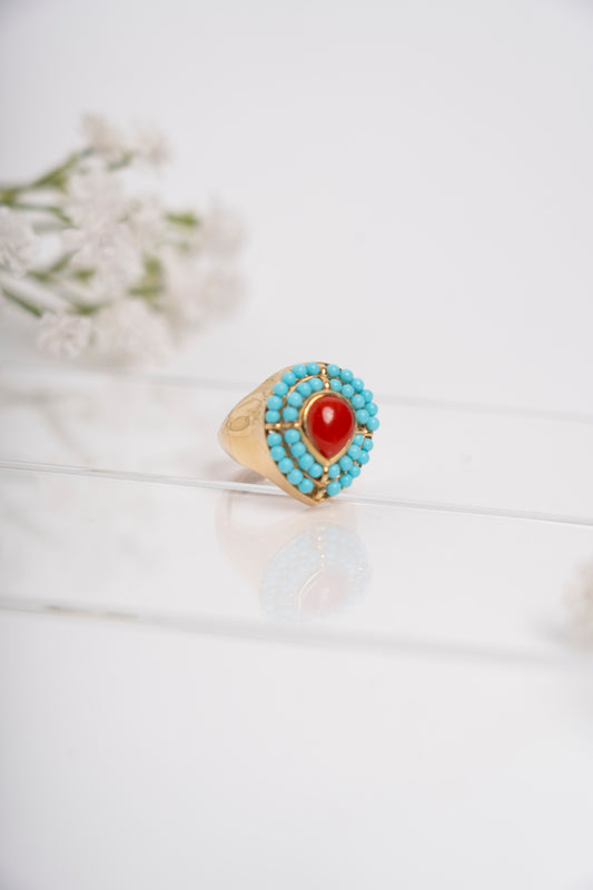 SOARA - ANELLO A GOCCIA CON CENTRALE IN CORALLO E MICROSFERE IN TURCHESE