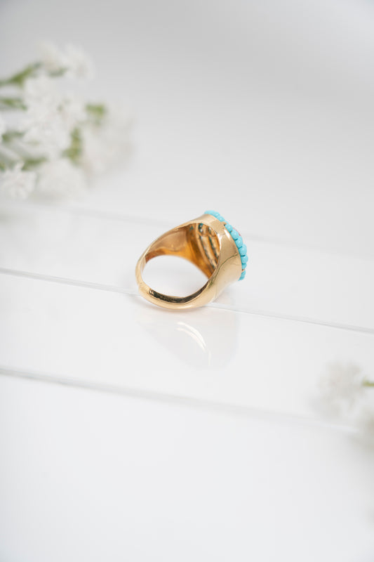 SOARA - ANELLO A GOCCIA CON CENTRALE IN CORALLO E MICROSFERE IN TURCHESE