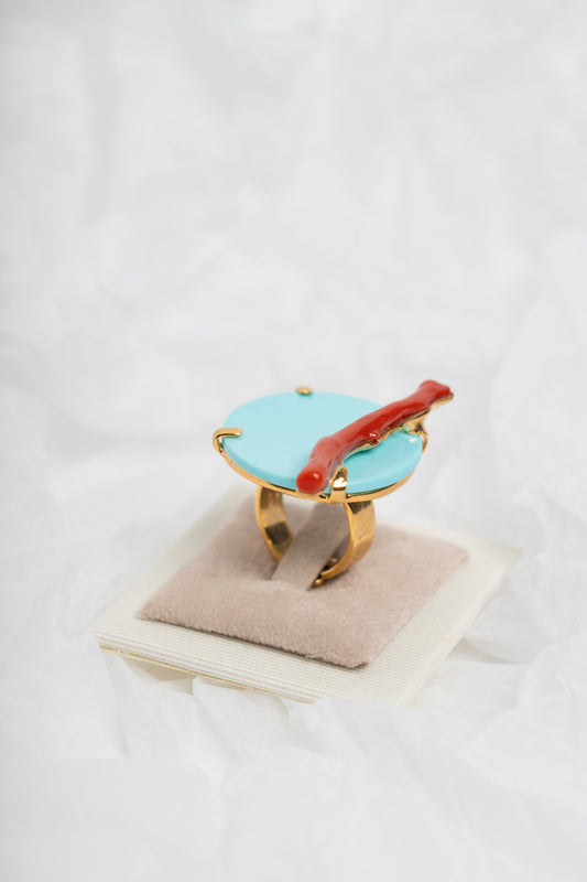 SOARA - ANELLO IN ARGENTO DORATO CON DISCO IN PASTA DI TURCHESE E CORALLO