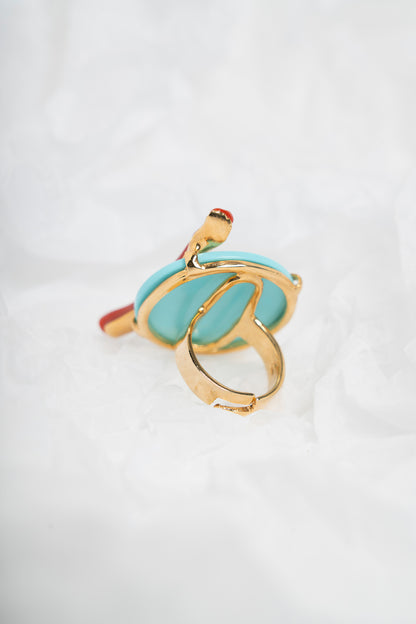 SOARA - ANELLO IN ARGENTO DORATO CON DISCO IN PASTA DI TURCHESE E CORALLO