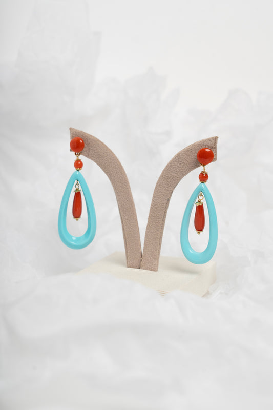 SOARA - ORECCHINI PENDENTI A GOCCIA IN TURCHESE E CORALLO