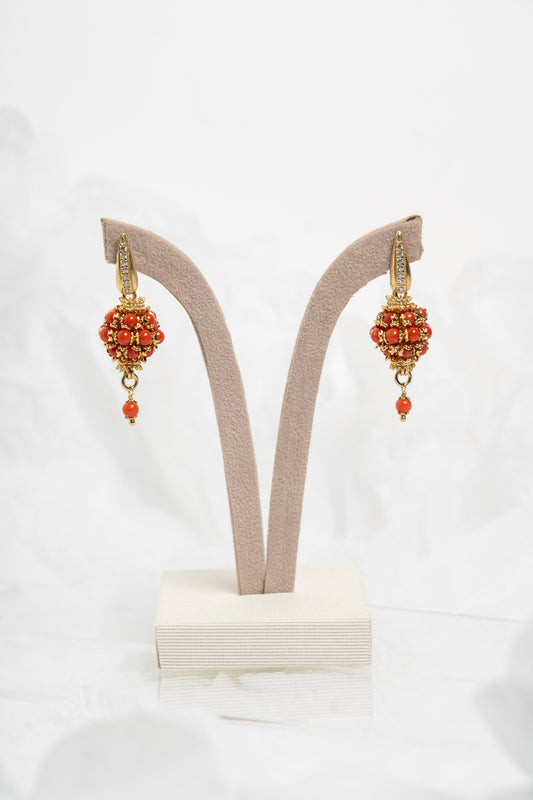 SOARA - ORECCHINI PENDENTI CORALLO E ARGENTO DORATO