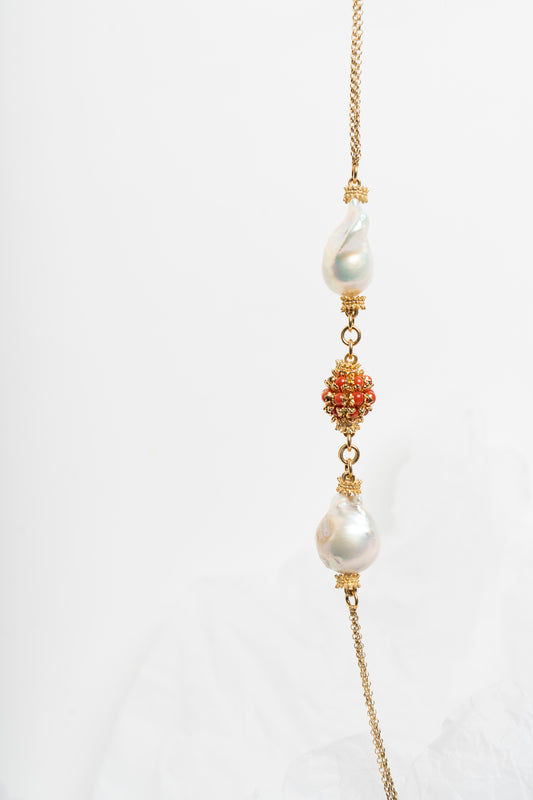 SOARA -  COLLANA IN ARGENTO DORATO CON CORALLO E PERLE BAROCCHE